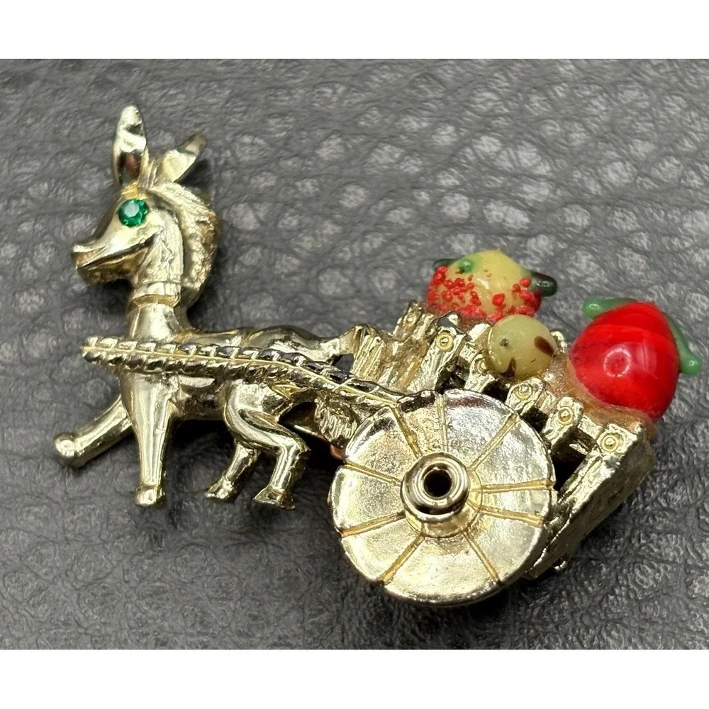 Vintage Gold Tone Horse Donkey Cart Brooch Colorful Glass Fruit Accents